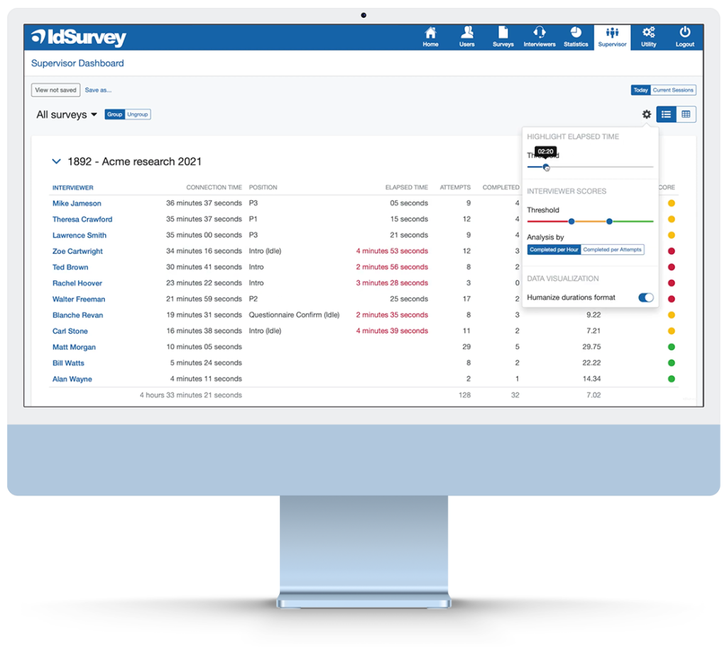 Supervisor is IdSurvey's advanced tool for real-time monitoring of interviewers' productivity during telephone surveys.